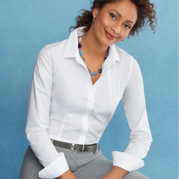 Talbots Career Cotton White Solid Shirt Sz 14 Long Sleeve Non-Iron - Picture 2 of 10
